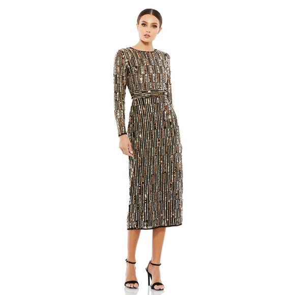 Mac Duggal Long-Sleeve Embellished Midi-Dress Nwot - Picture 1 of 10